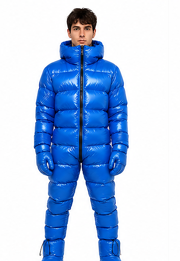 Royal Blue Shiny Nylon Full-Body Puffer Jumpsuit