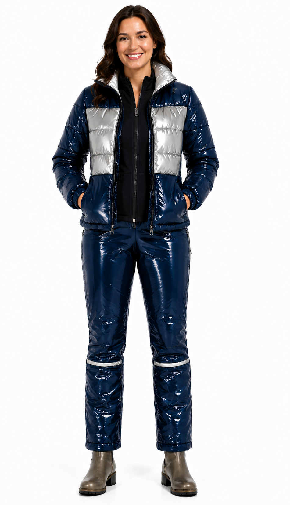 Women's Shiny Nylon Puffer Ski Suit Set