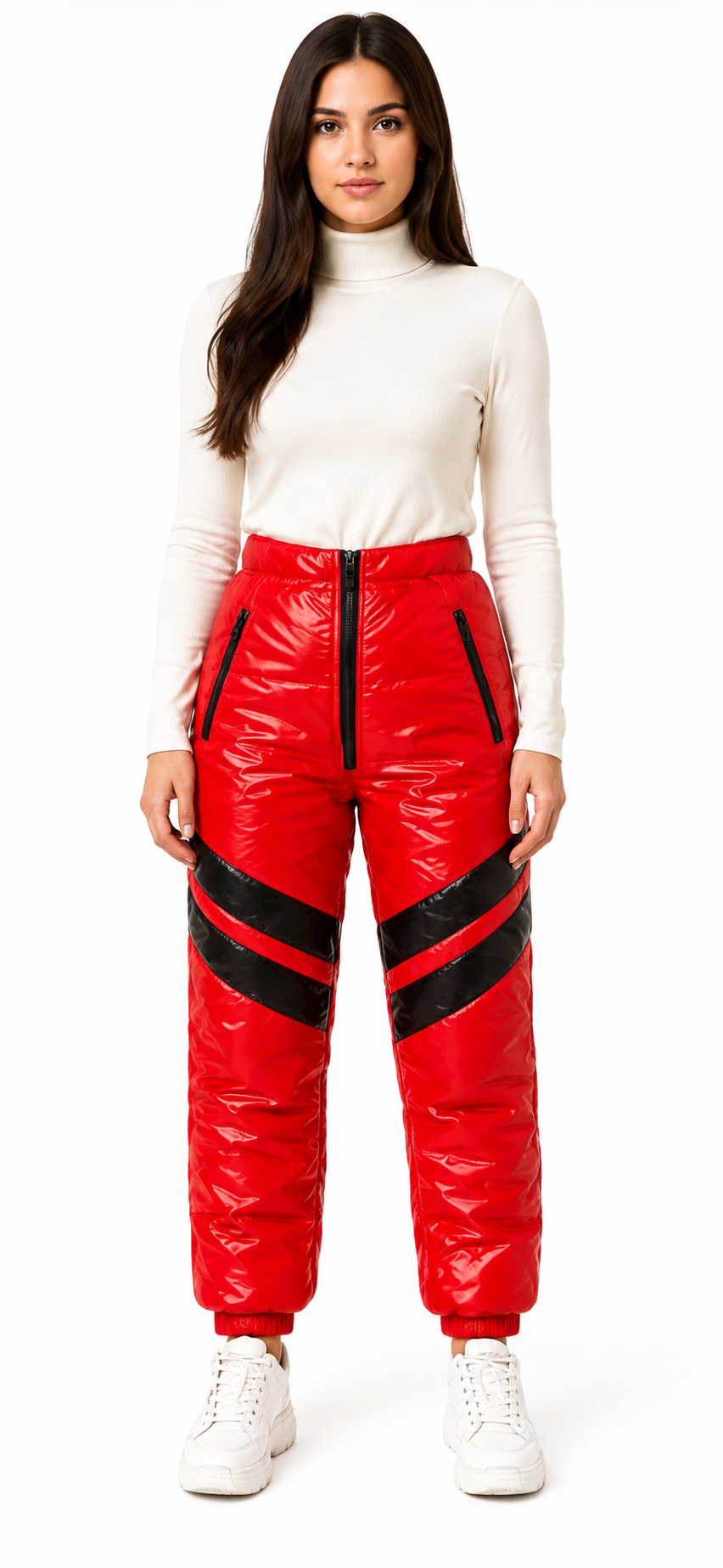 Red Shiny Nylon Puffer Glossy Winter Snow Pants