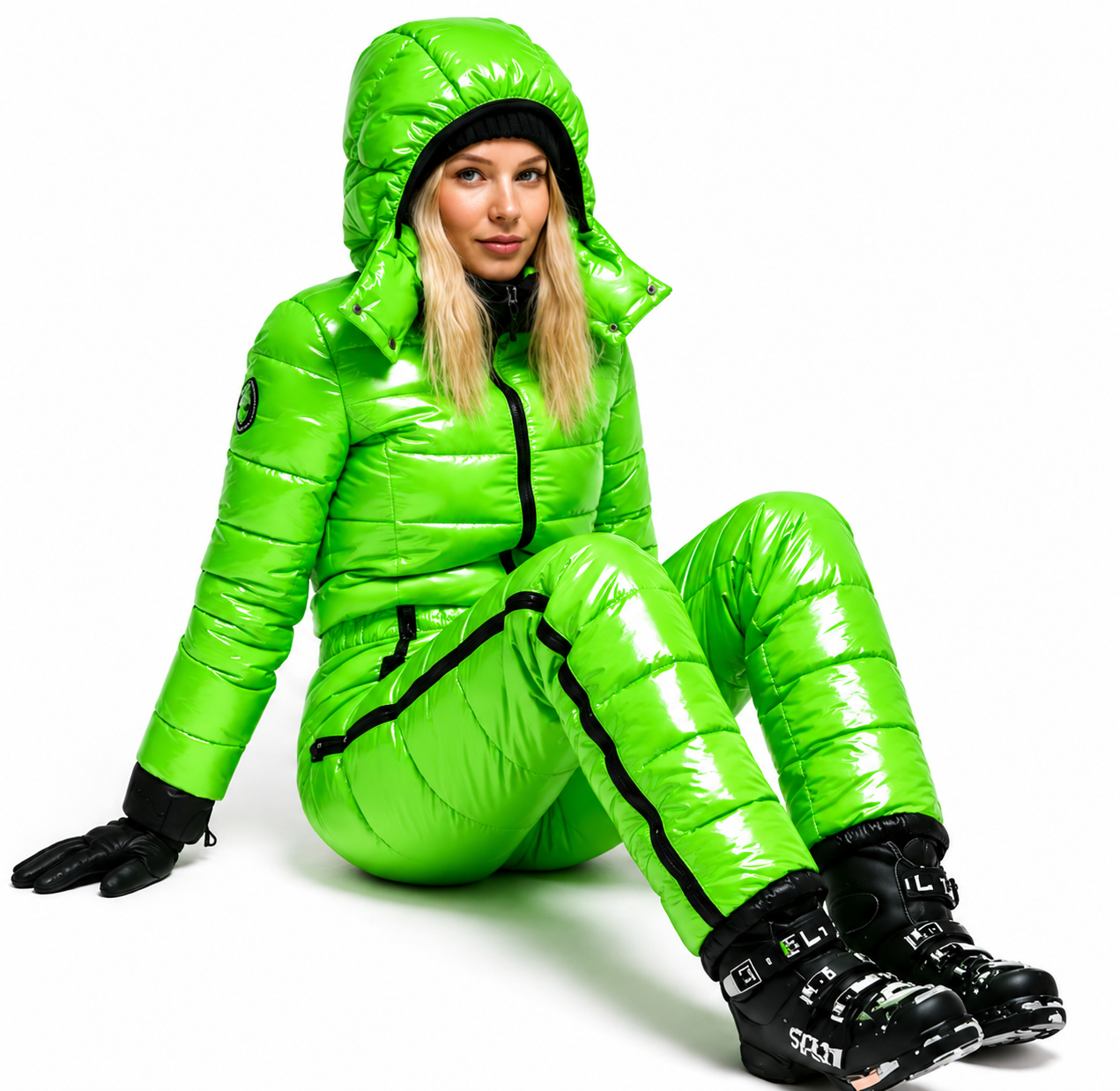 Green Puffer Shiny Nylon Winter Jacket & Pants Set