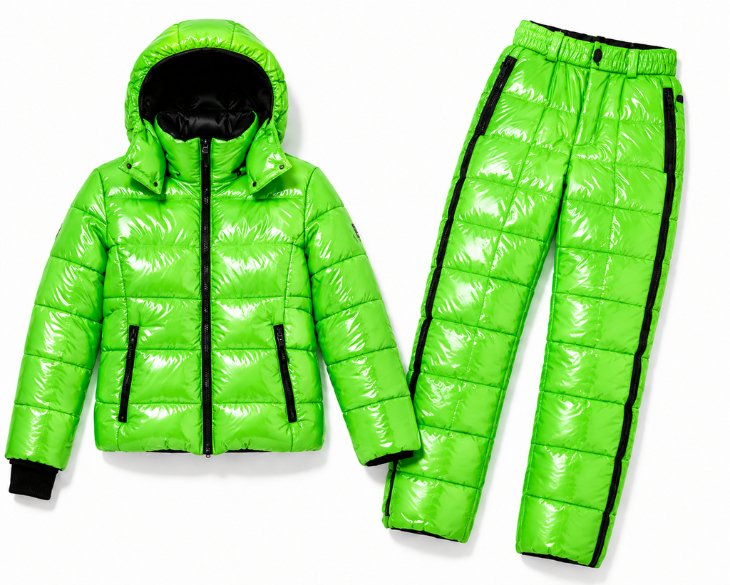 Green Puffer Shiny Nylon Winter Jacket & Pants Set