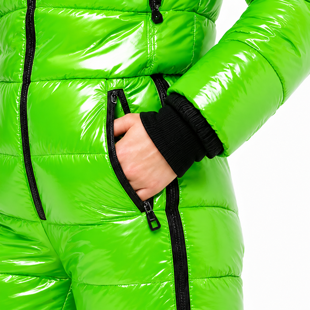Green Puffer Shiny Nylon Winter Jacket & Pants Set