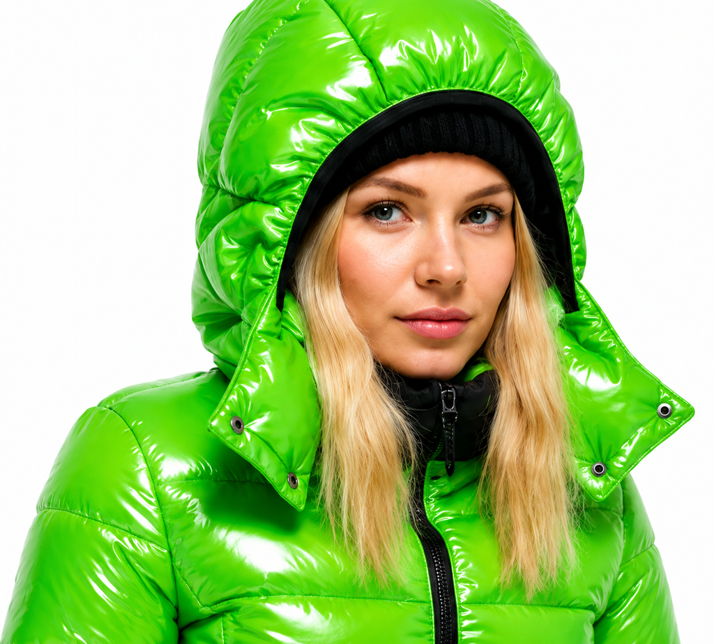 Green Puffer Shiny Nylon Winter Jacket & Pants Set