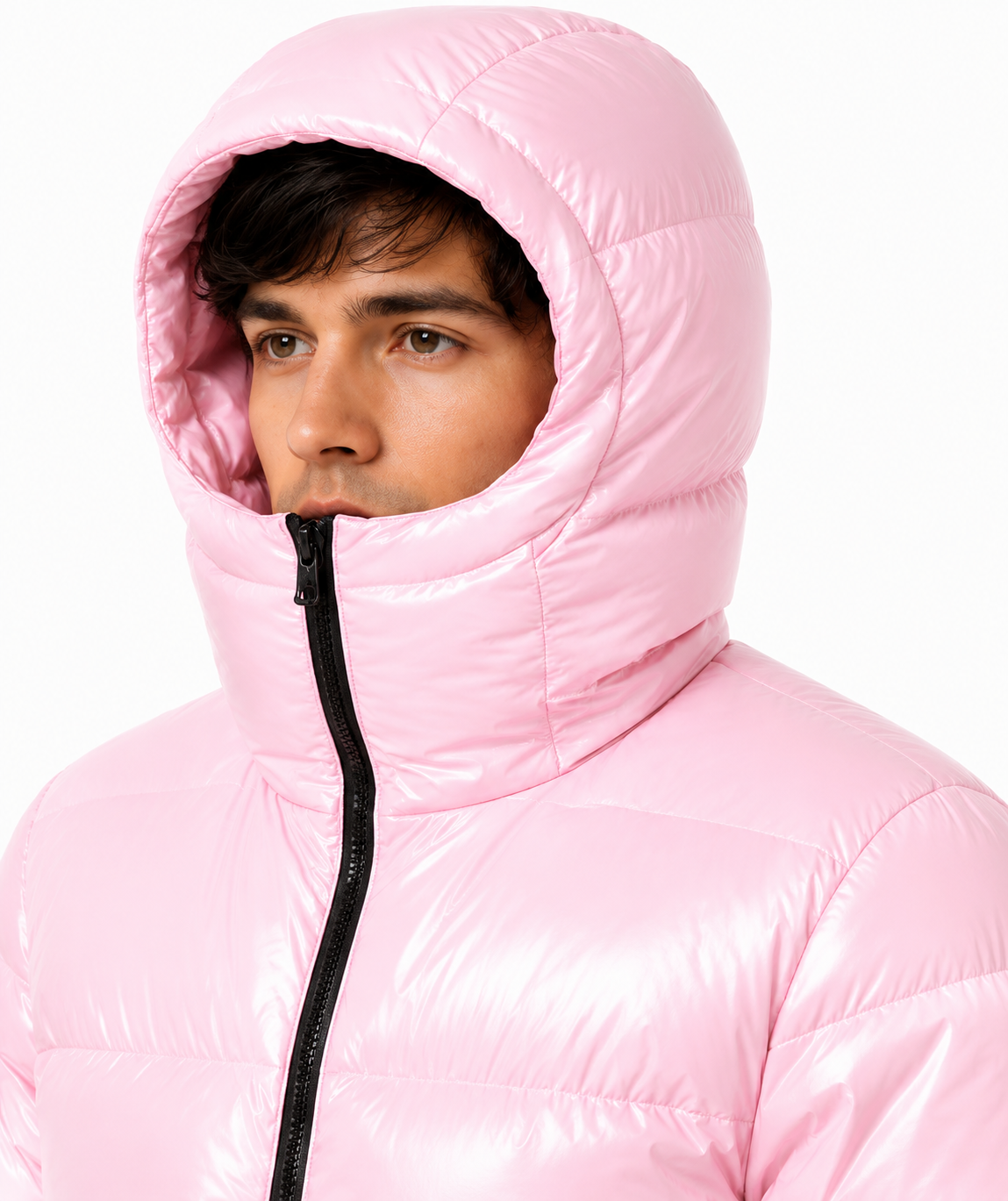 Men's Long Shiny Puffer Pink Hooded Down Jacket