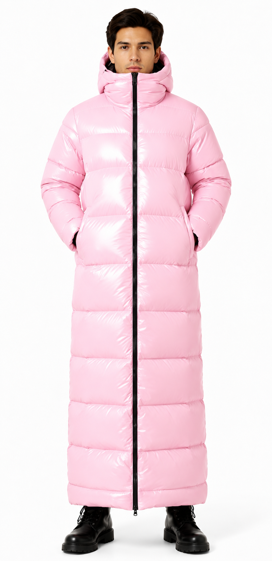 Men's Long Shiny Puffer Pink Hooded Down Jacket