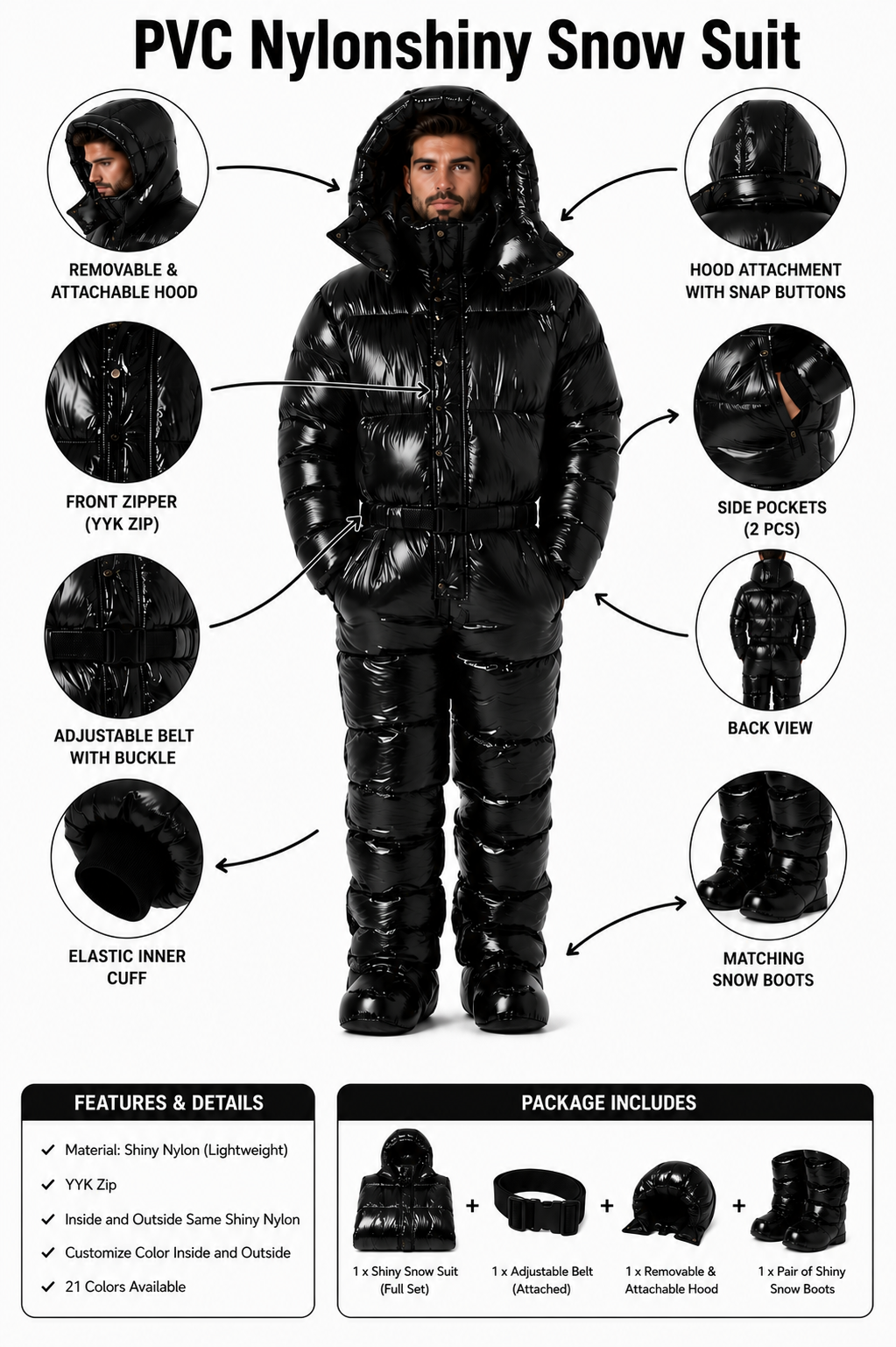 Black Shiny Puffer Suit Hooded Insulated Winter Snowsuit
