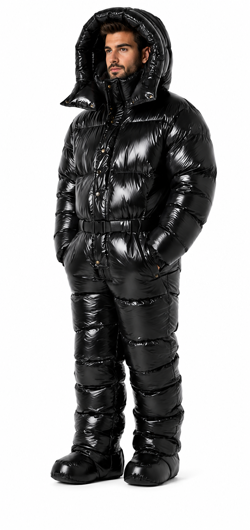 Black Shiny Puffer Suit Hooded Insulated Winter Snowsuit