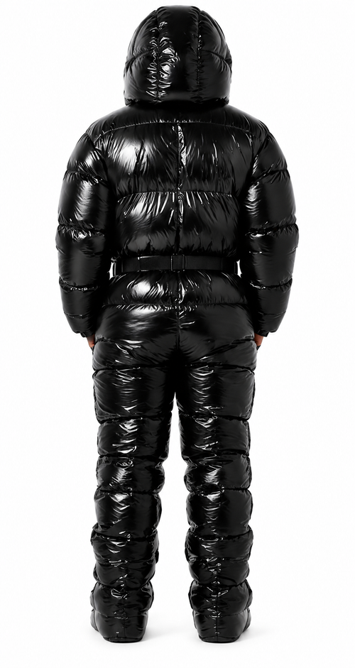 Black Shiny Puffer Suit Hooded Insulated Winter Snowsuit