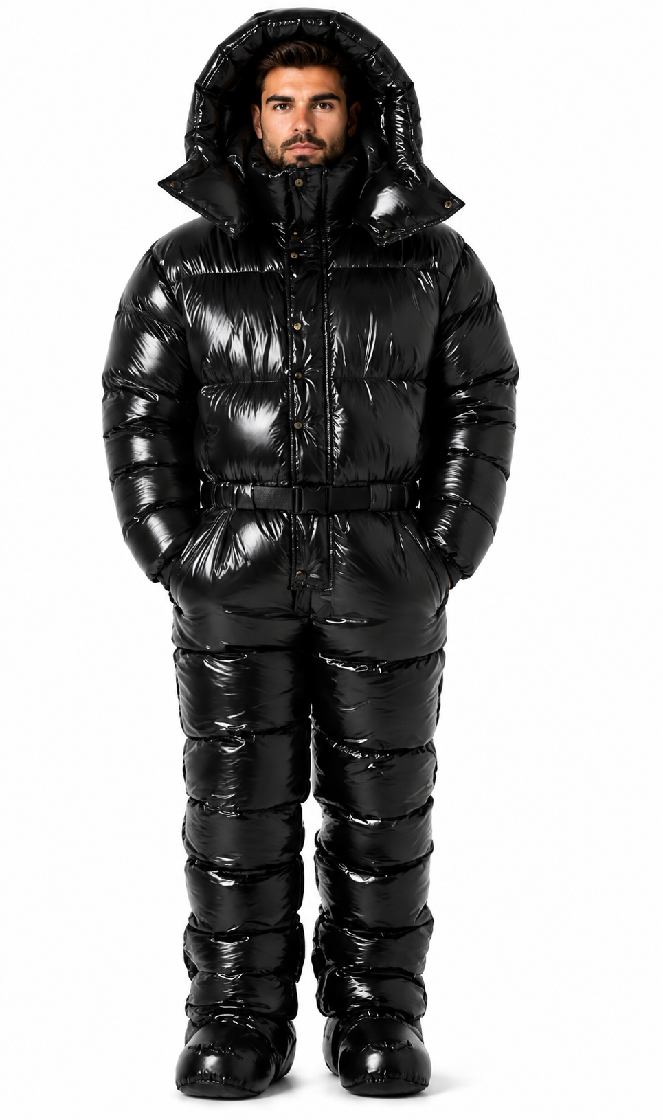 Black Shiny Puffer Suit Hooded Insulated Winter Snowsuit