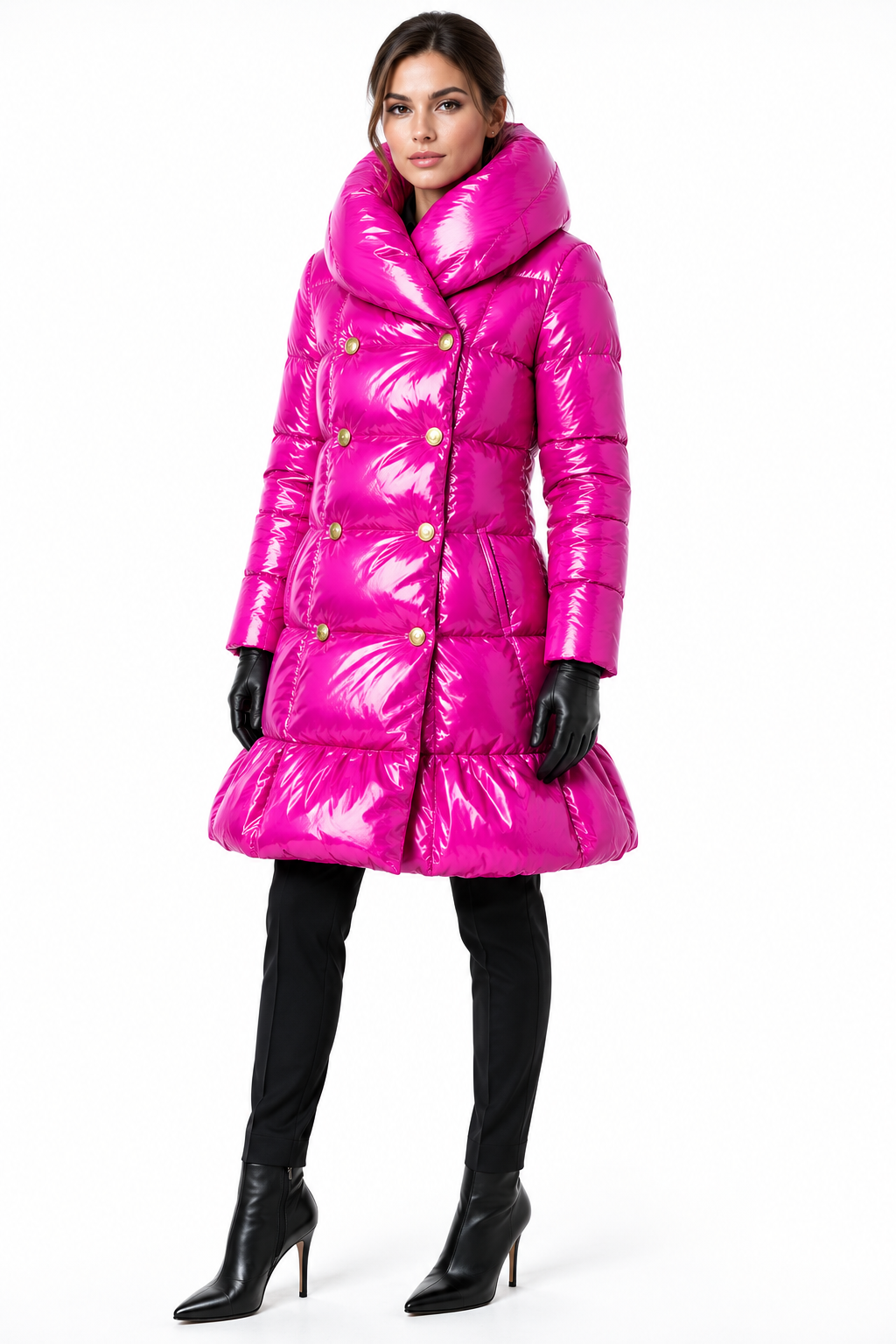 Women's Shiny Pink Puffer Coat Glossy Down Jacket