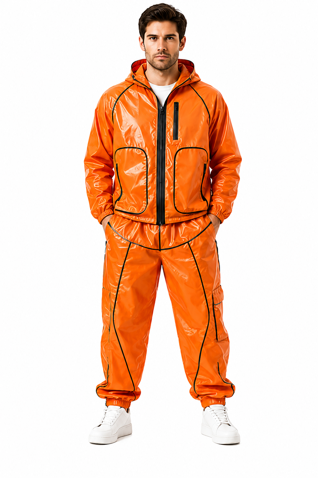 Shiny Nylon Hooded Utility Tracksuit for Men,