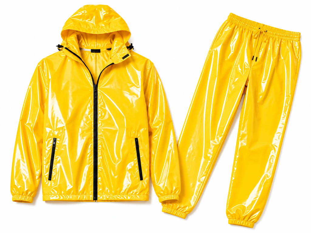 Men's Shiny Nylon Tracksuit Yellow Hooded Windbreaker Set