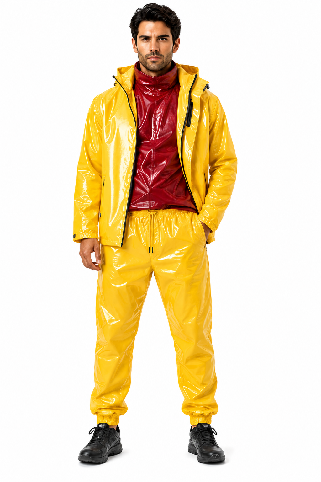 Men's Shiny Nylon Tracksuit Yellow Hooded Windbreaker Set