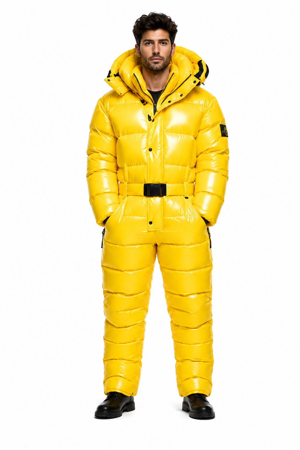 Men’s Yellow Shiny Nylon Puffer Jumpsuit