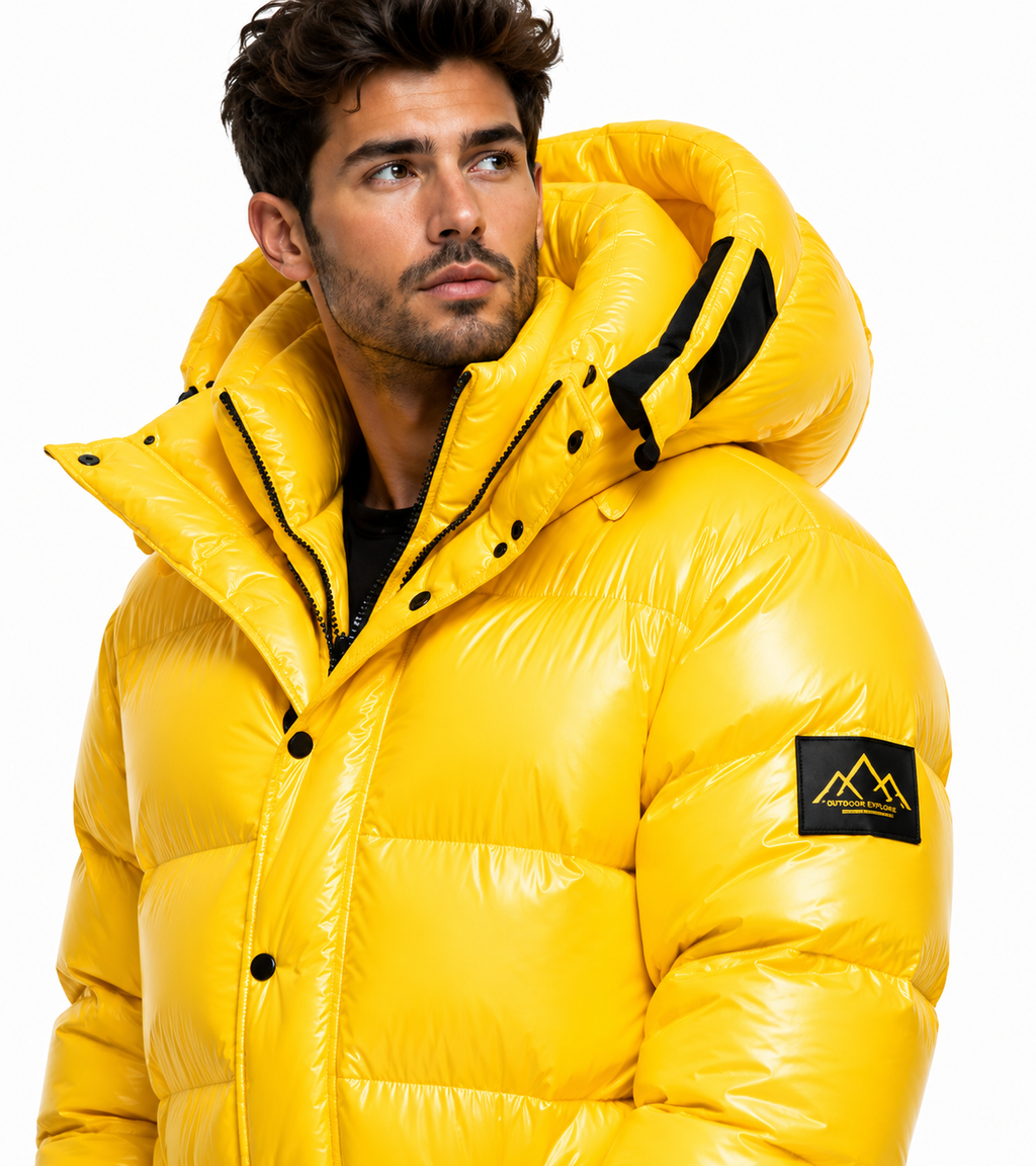 Men’s Yellow Shiny Nylon Puffer Jumpsuit