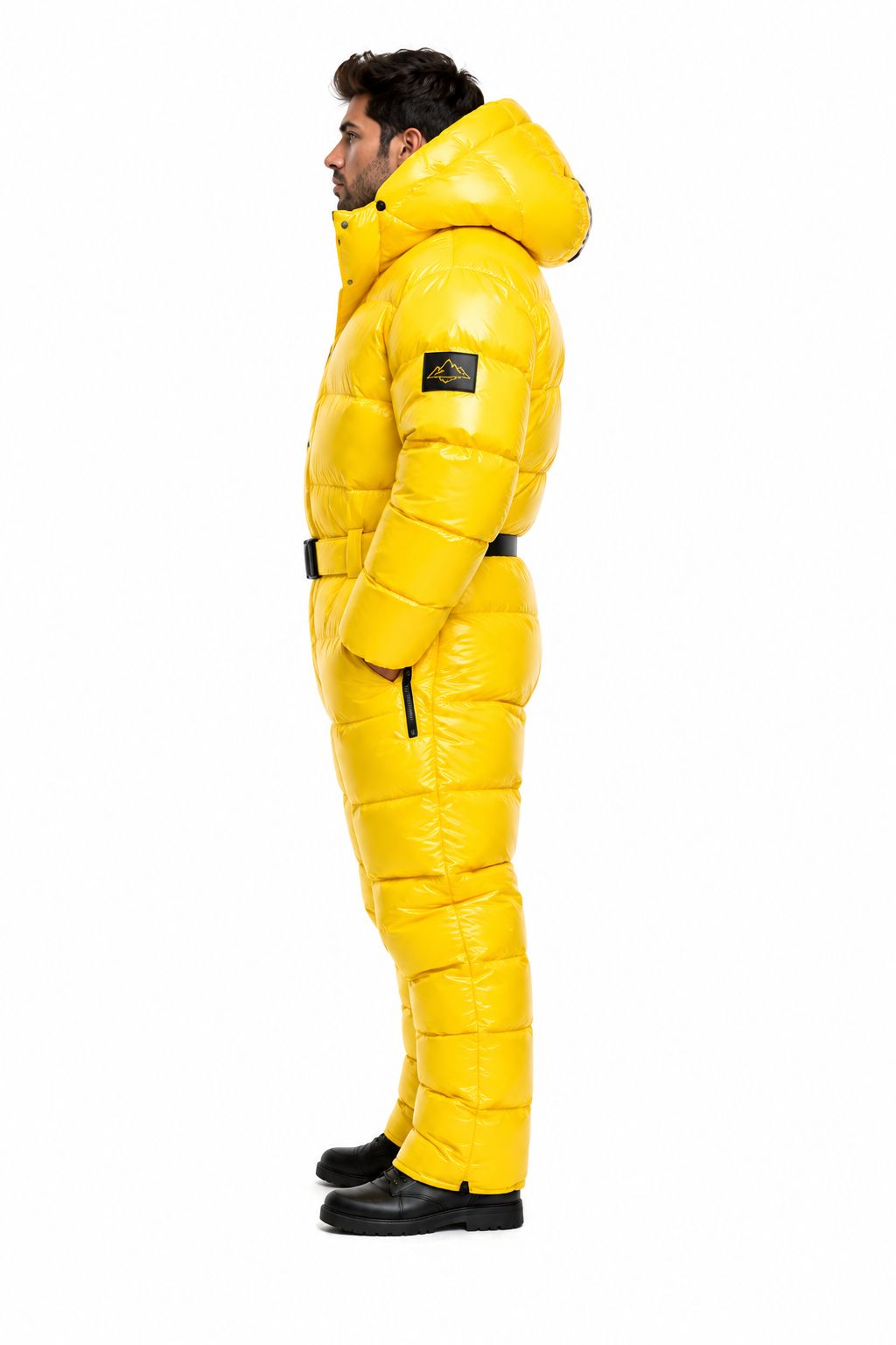 Men’s Yellow Shiny Nylon Puffer Jumpsuit