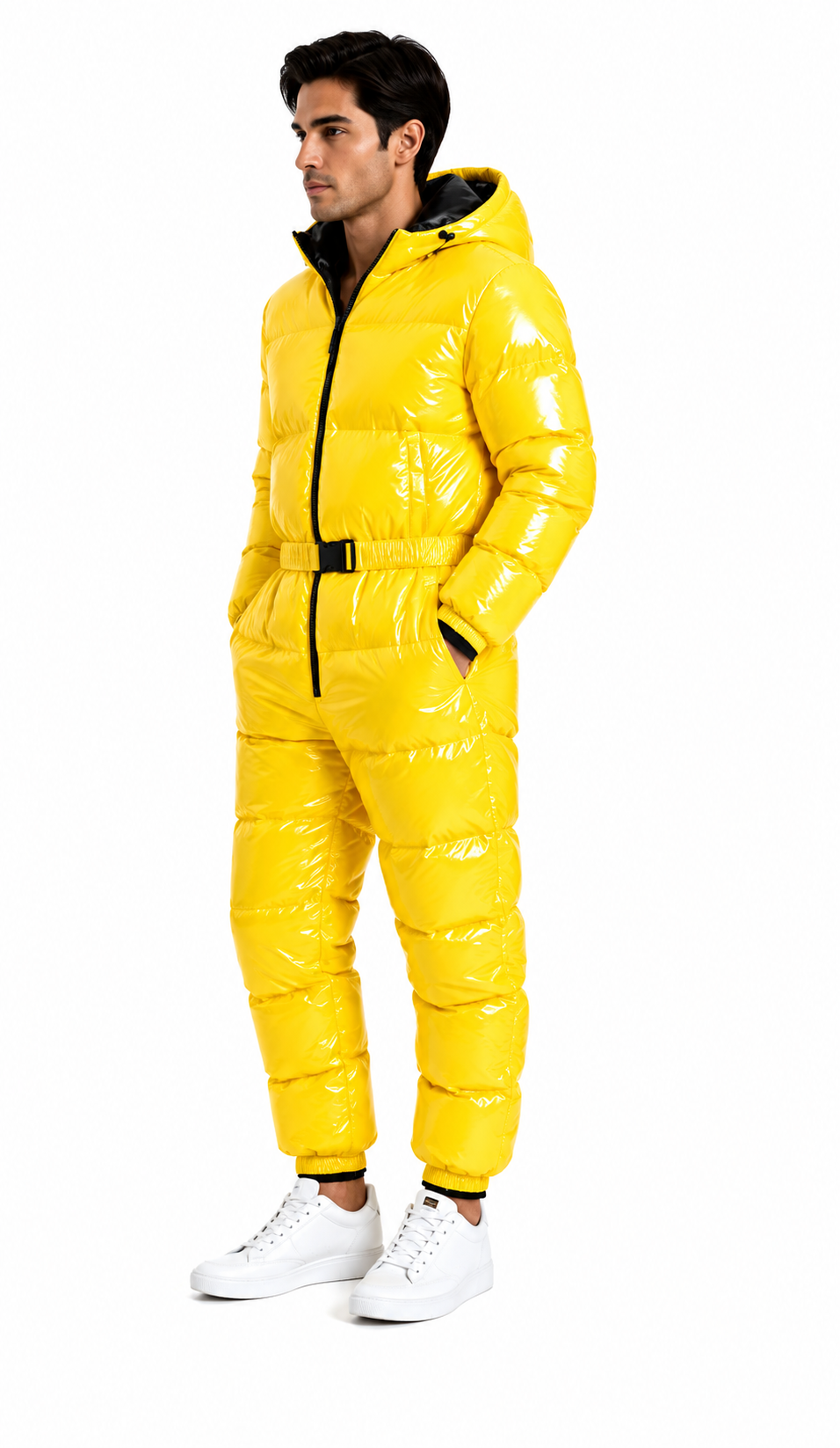 Men’s Yellow Shiny Nylon Hooded Puffer Jumpsuit