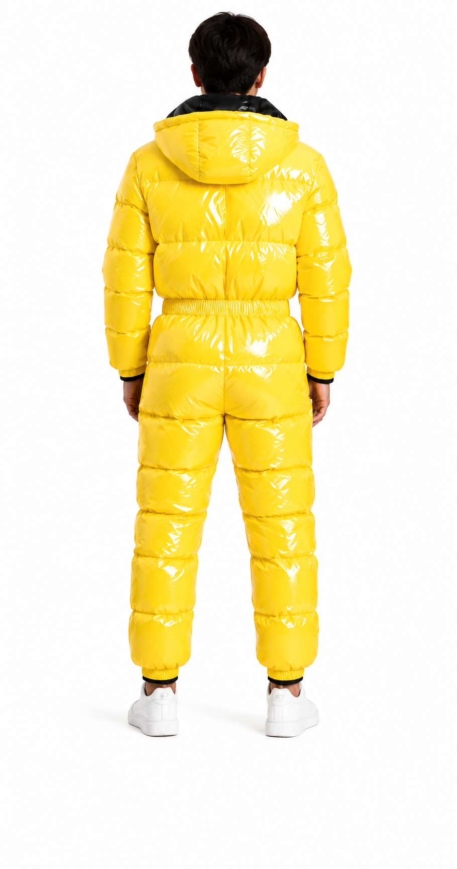 Men’s Yellow Shiny Nylon Hooded Puffer Jumpsuit