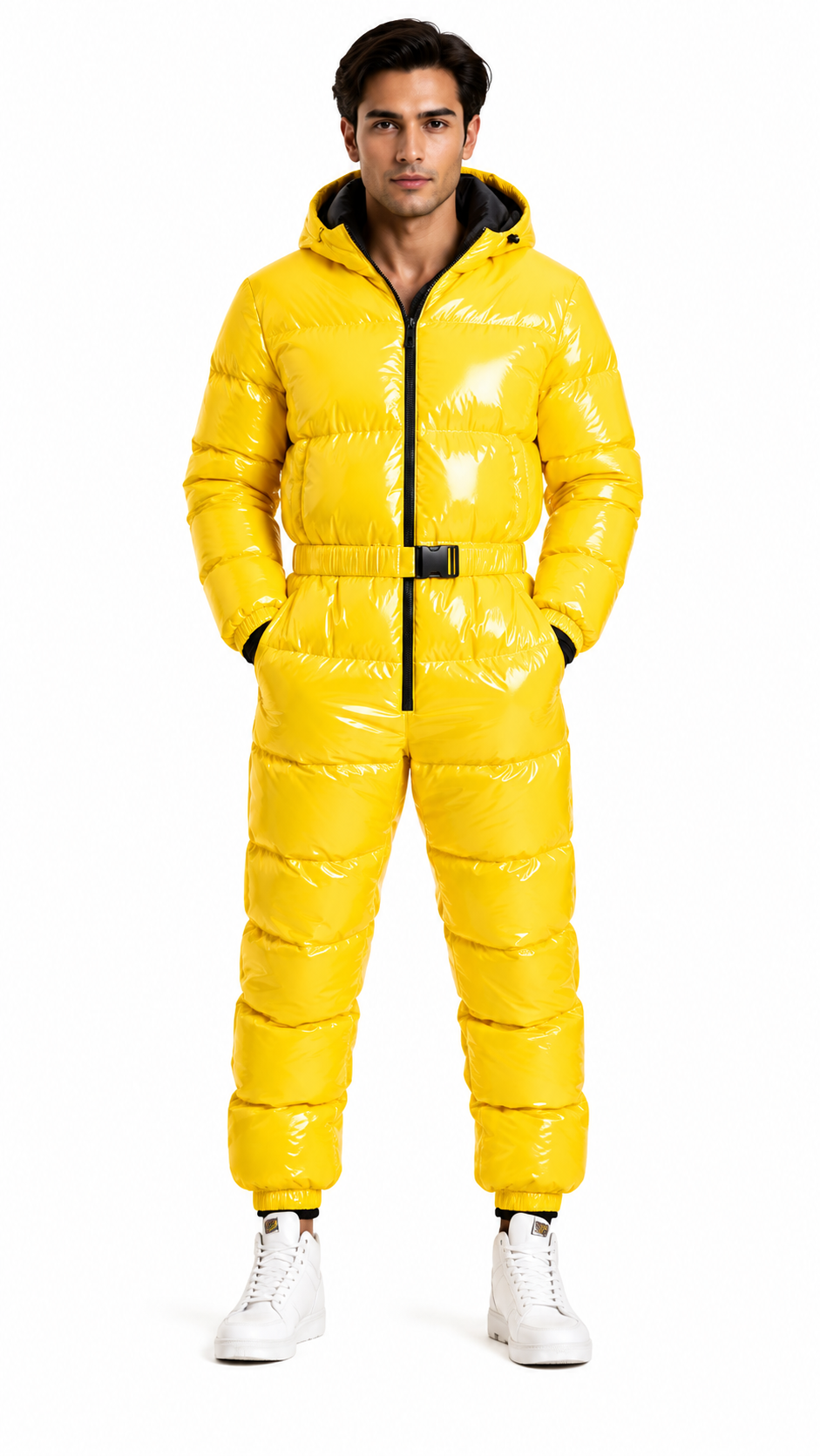 Men’s Yellow Shiny Nylon Hooded Puffer Jumpsuit