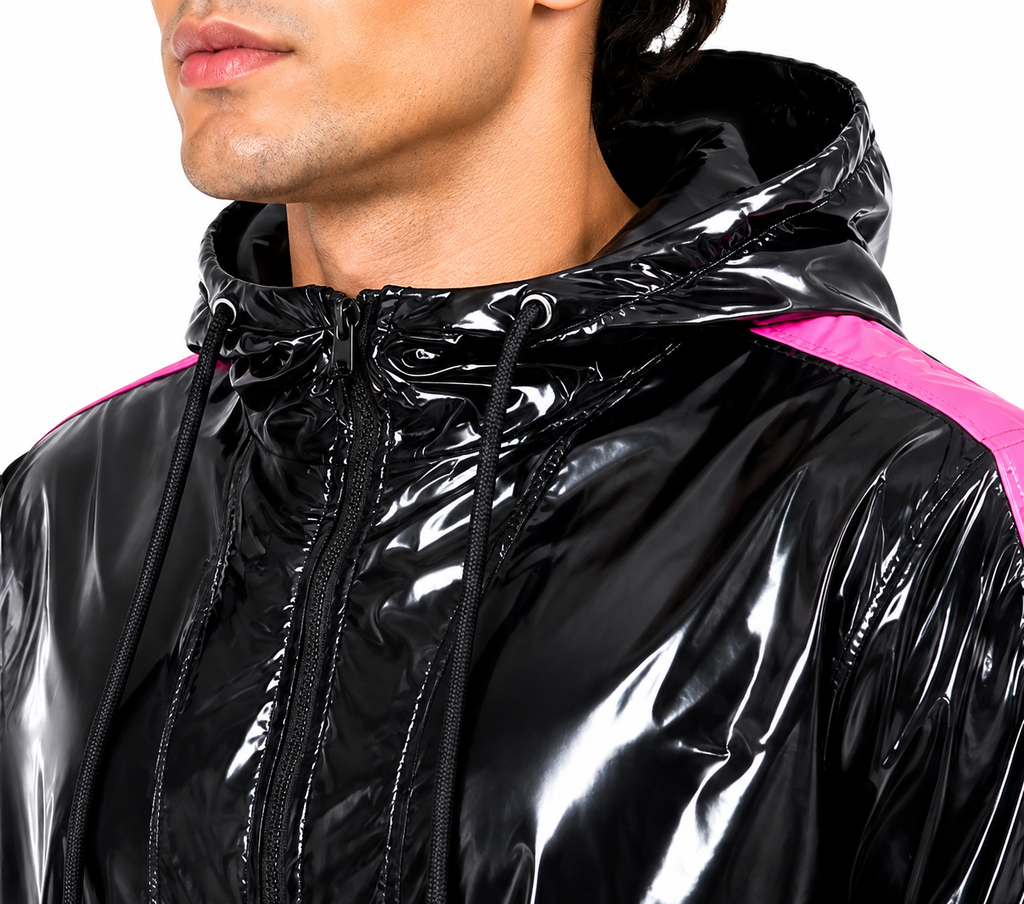 Men’s Black Pink Shiny Nylon Tracksuit Glossy Hooded