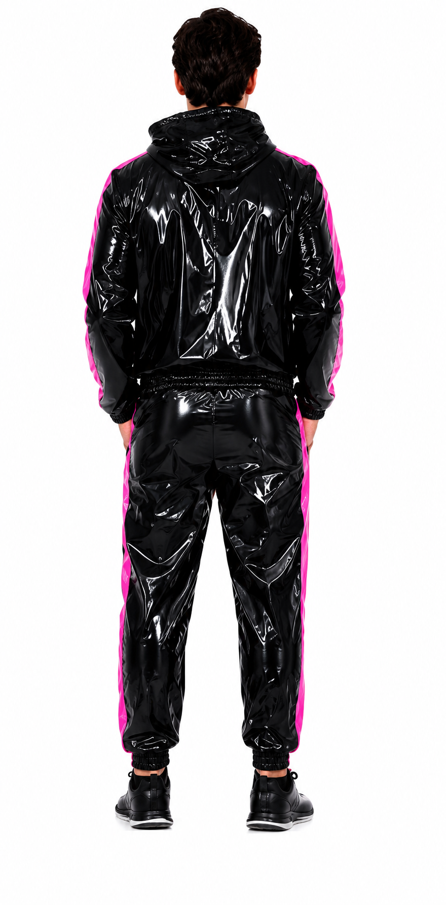 Men’s Black Pink Shiny Nylon Tracksuit Glossy Hooded