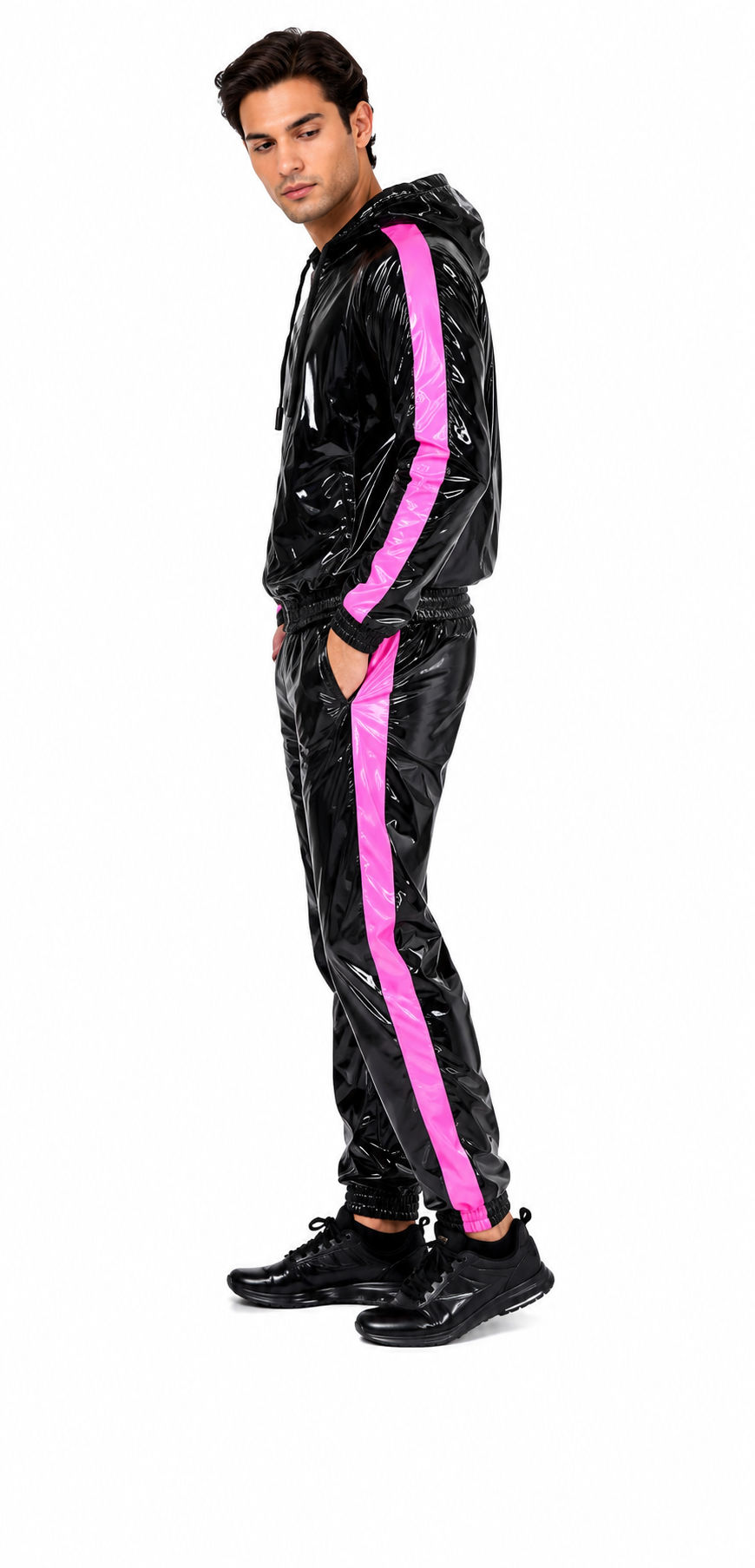 Men’s Black Pink Shiny Nylon Tracksuit Glossy Hooded