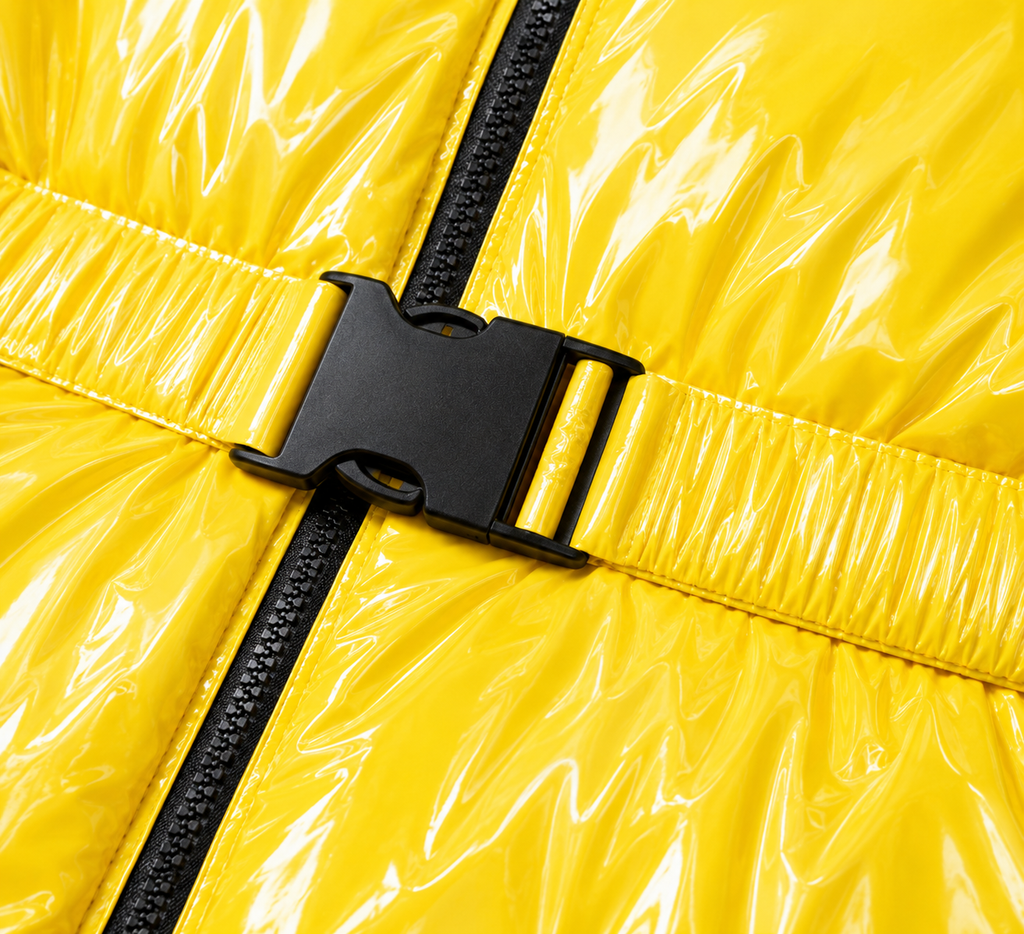 Men’s Yellow Shiny Nylon Hooded Puffer Jumpsuit