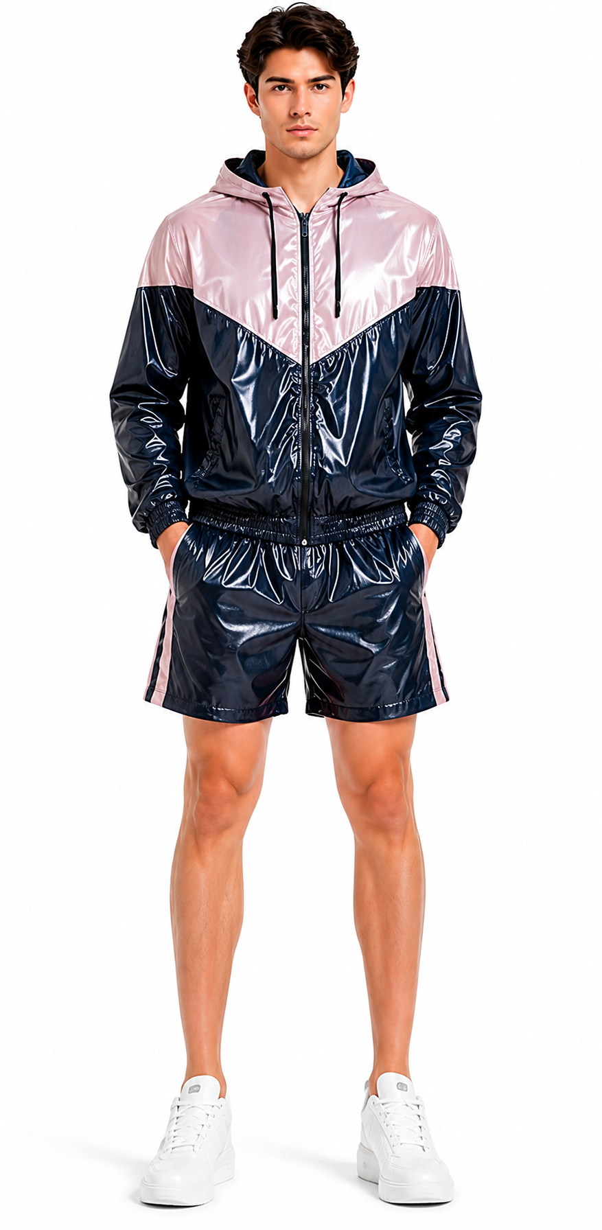 Shiny Nylon Hooded Windbreaker and Shorts Set