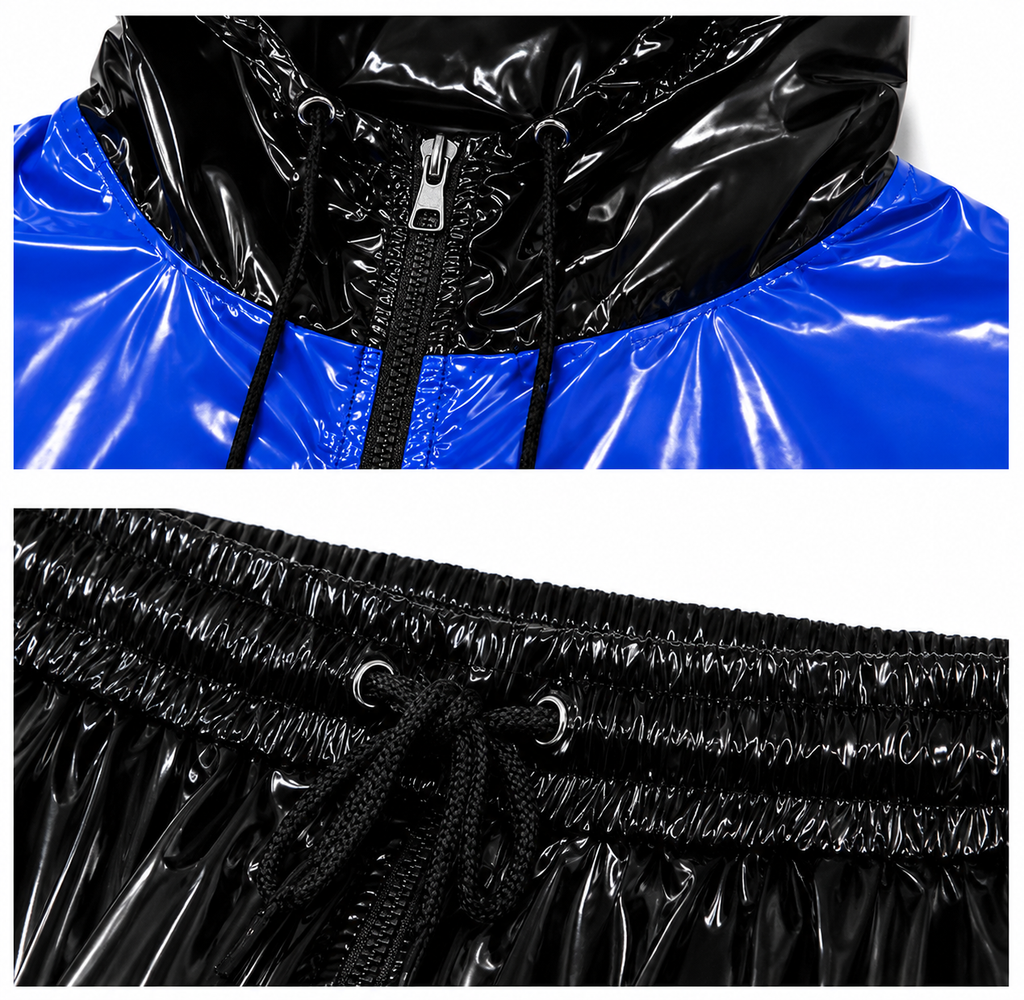 Color Block Shiny Nylon Hooded Tracksuit Set