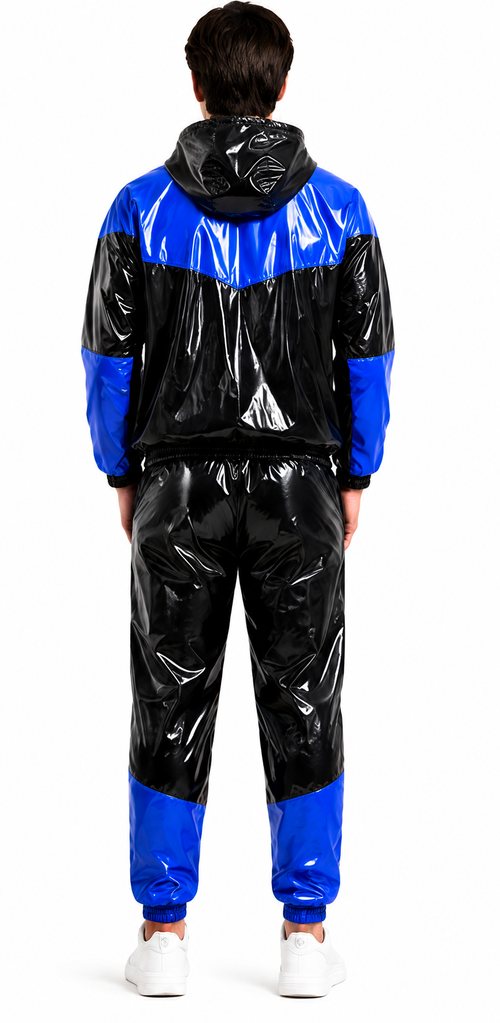Color Block Shiny Nylon Hooded Tracksuit Set