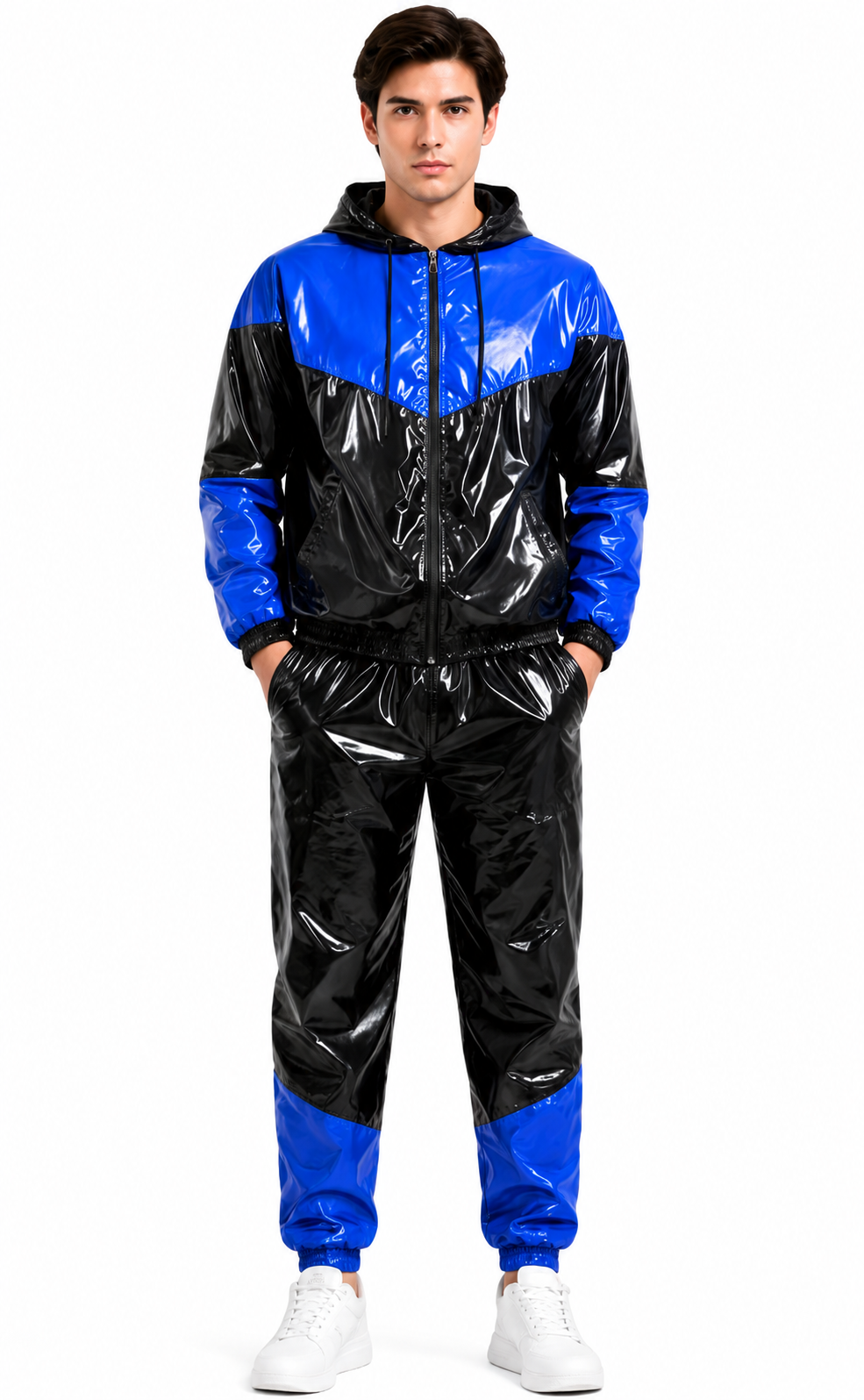 Color Block Shiny Nylon Hooded Tracksuit Set