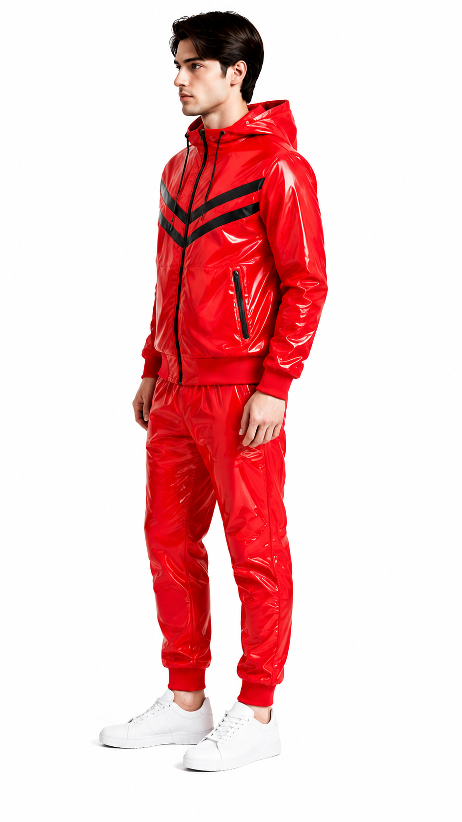 Chevron Stripe Shiny Nylon Hooded Tracksuit Set
