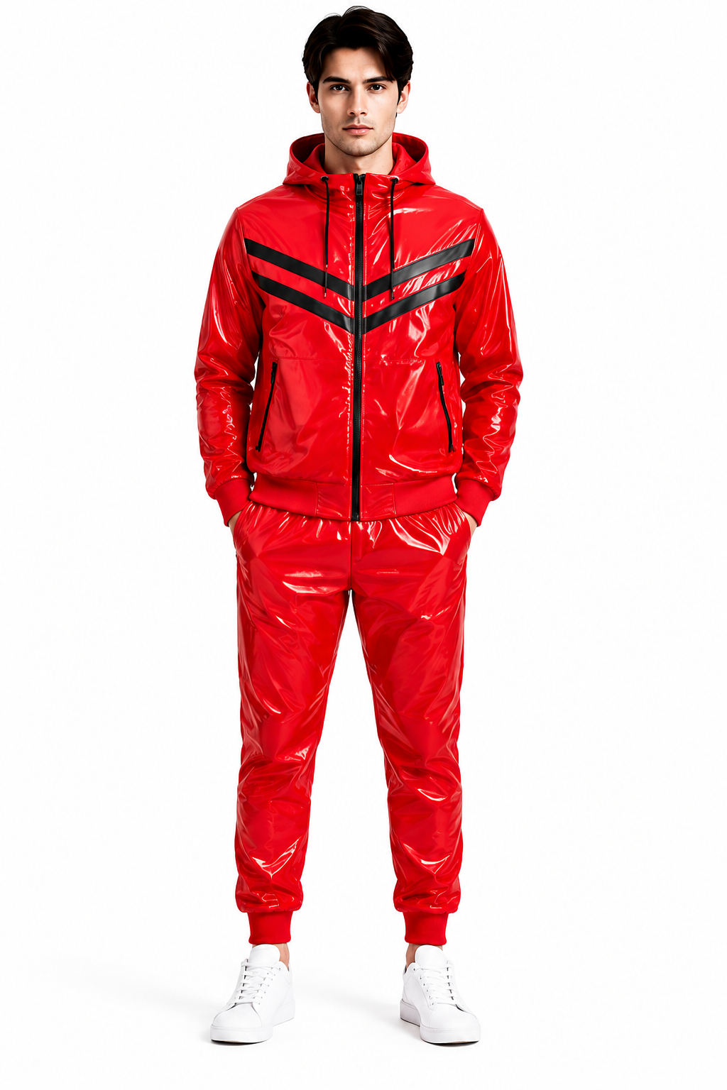 Chevron Stripe Shiny Nylon Hooded Tracksuit Set