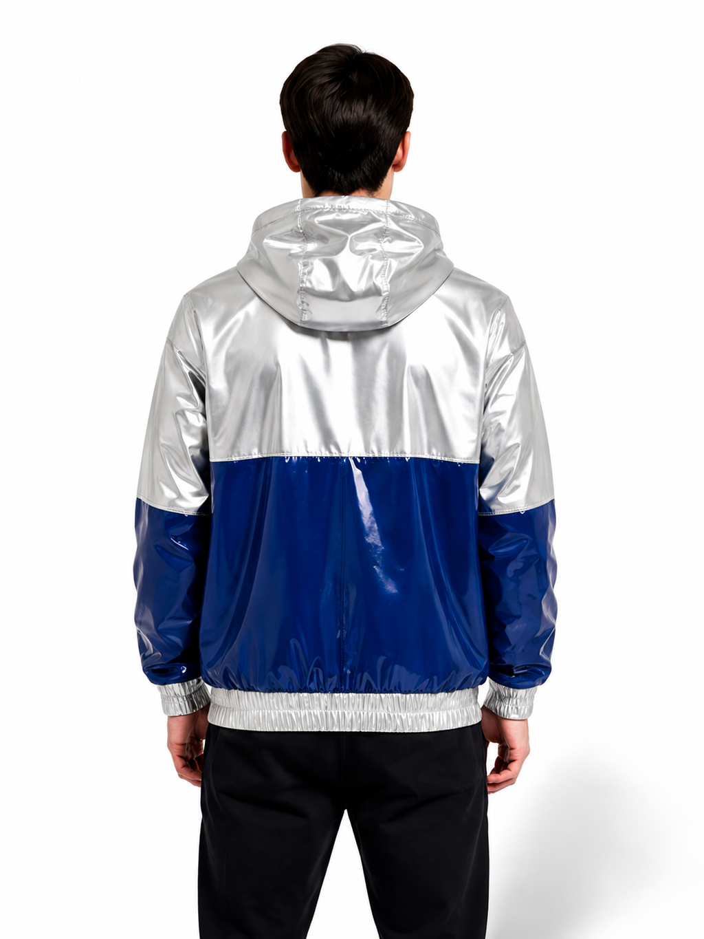 Double Stripe Glossy Nylon Hooded Windbreaker Jacket
