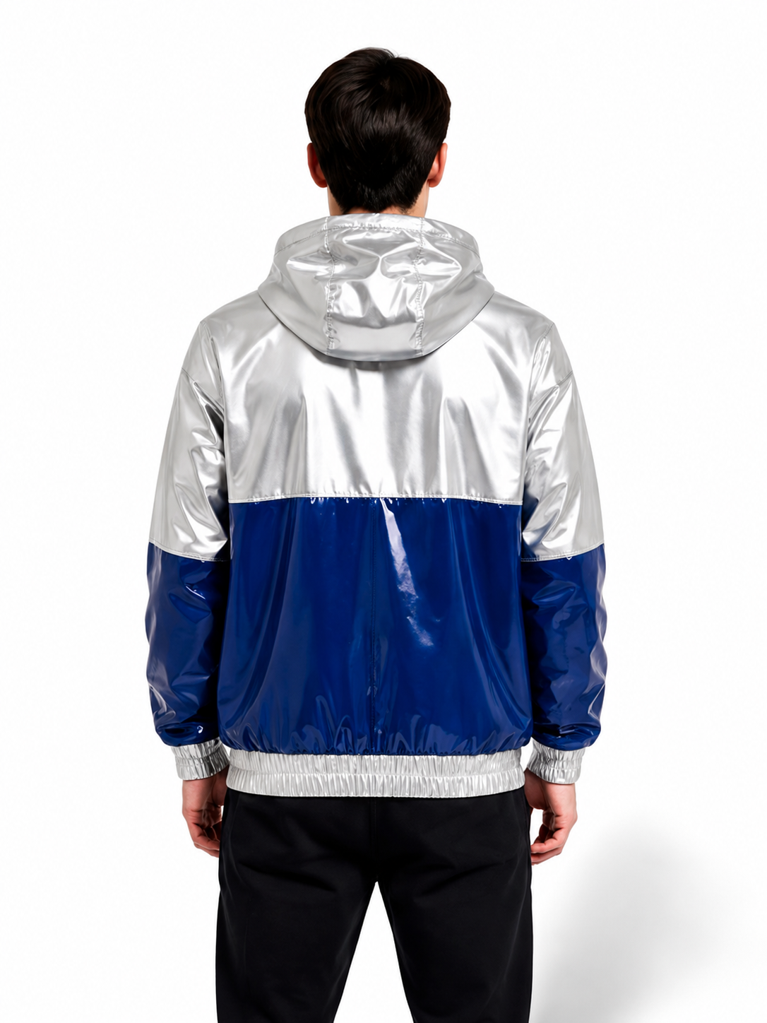 Double Stripe Glossy Nylon Hooded Windbreaker Jacket