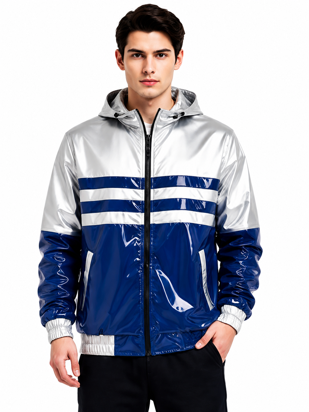 Double Stripe Glossy Nylon Hooded Windbreaker Jacket