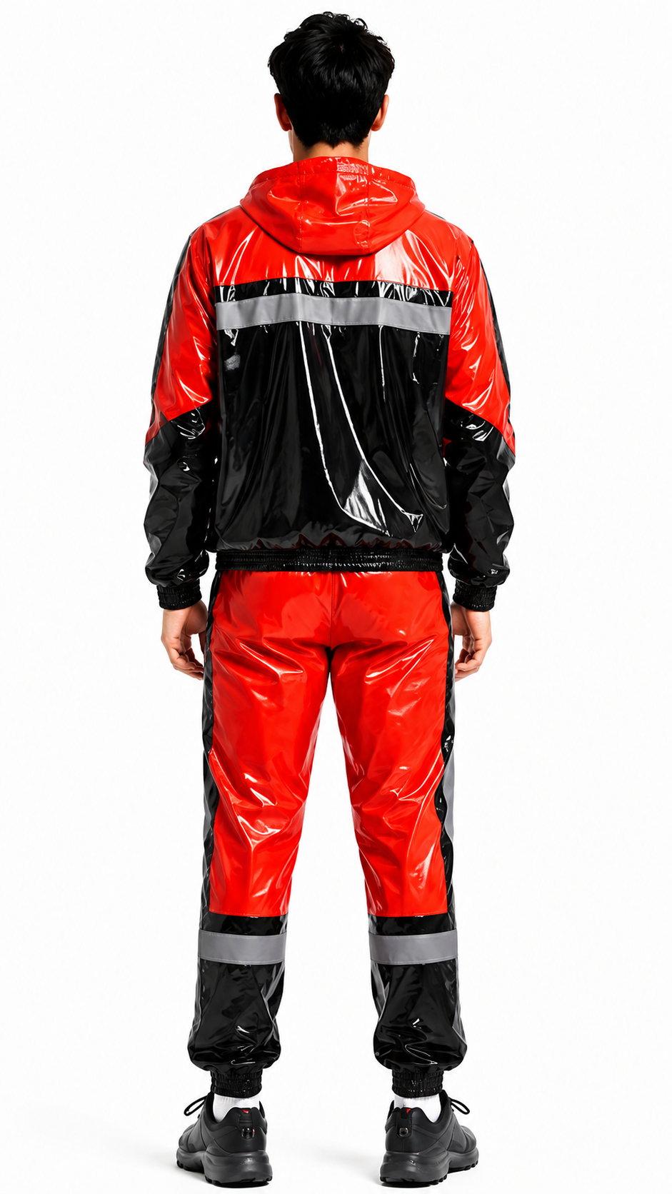Reflective Stripe Glossy Nylon Hooded Tracksuit Set
