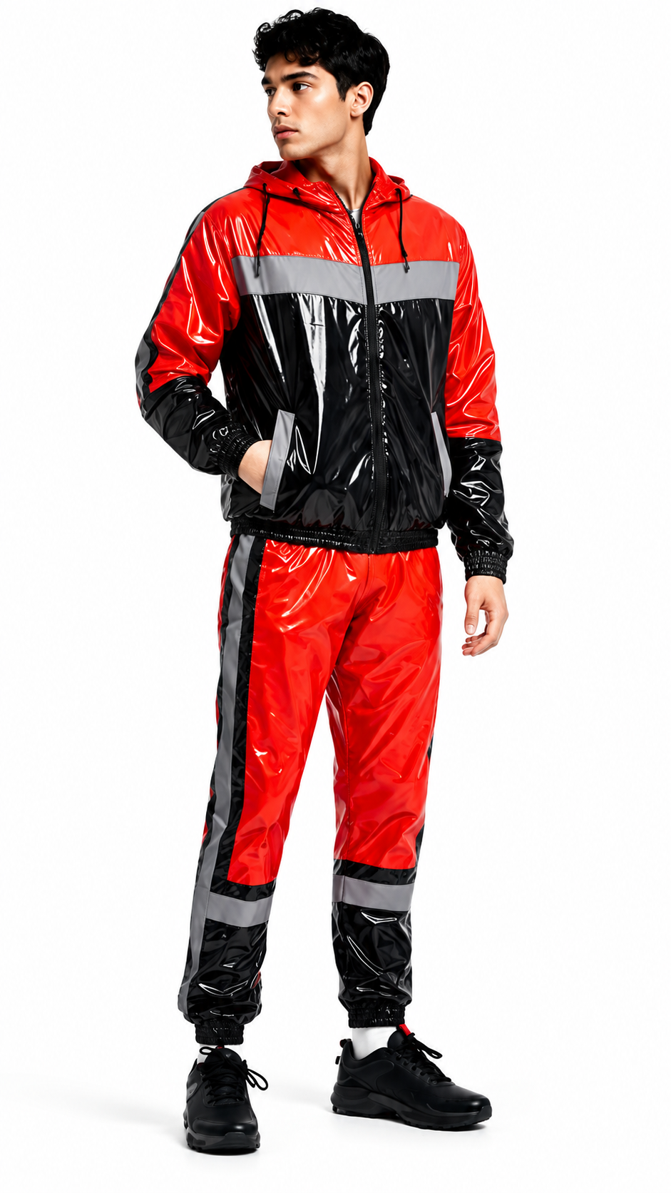 Reflective Stripe Glossy Nylon Hooded Tracksuit Set