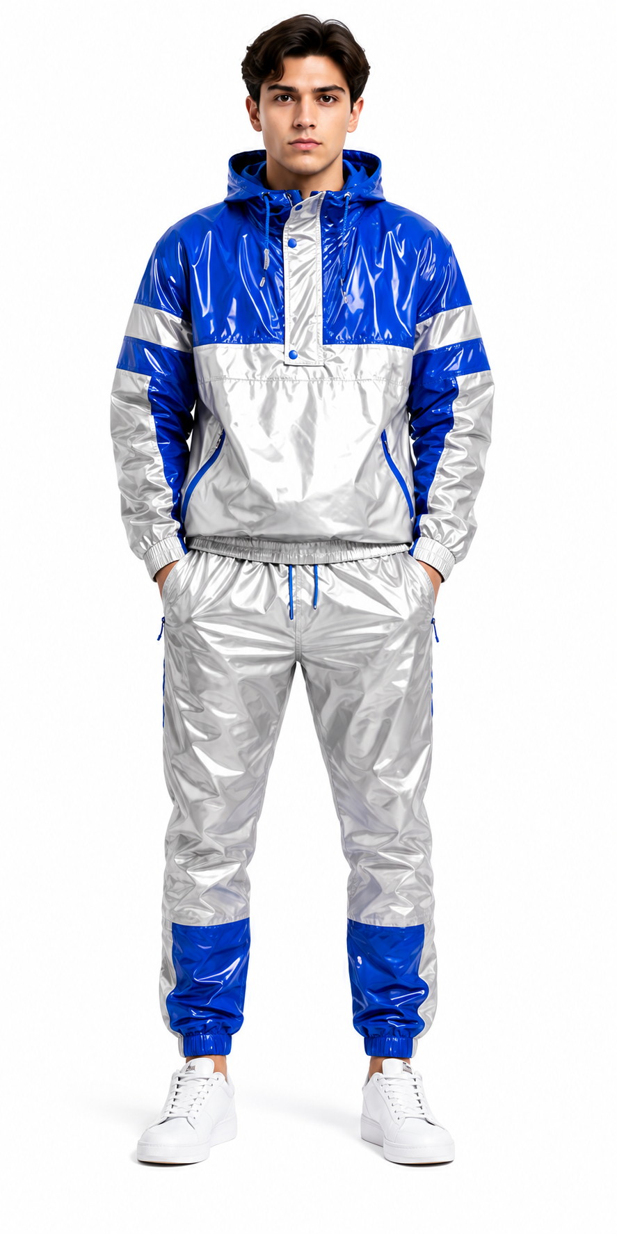 Color Block Shiny Nylon Anorak Tracksuit Set