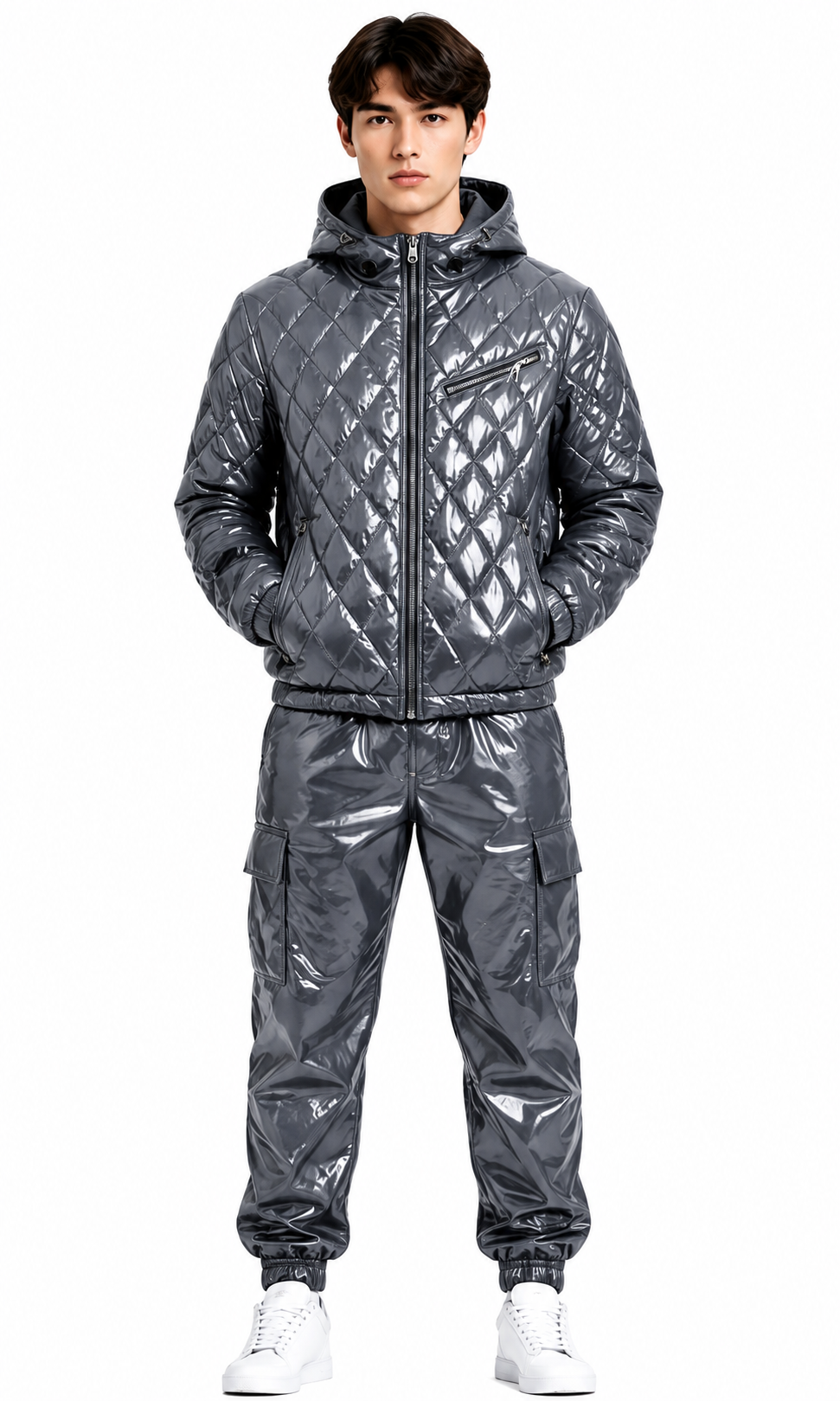 Quilted Shiny Nylon Cargo Tracksuit Set
