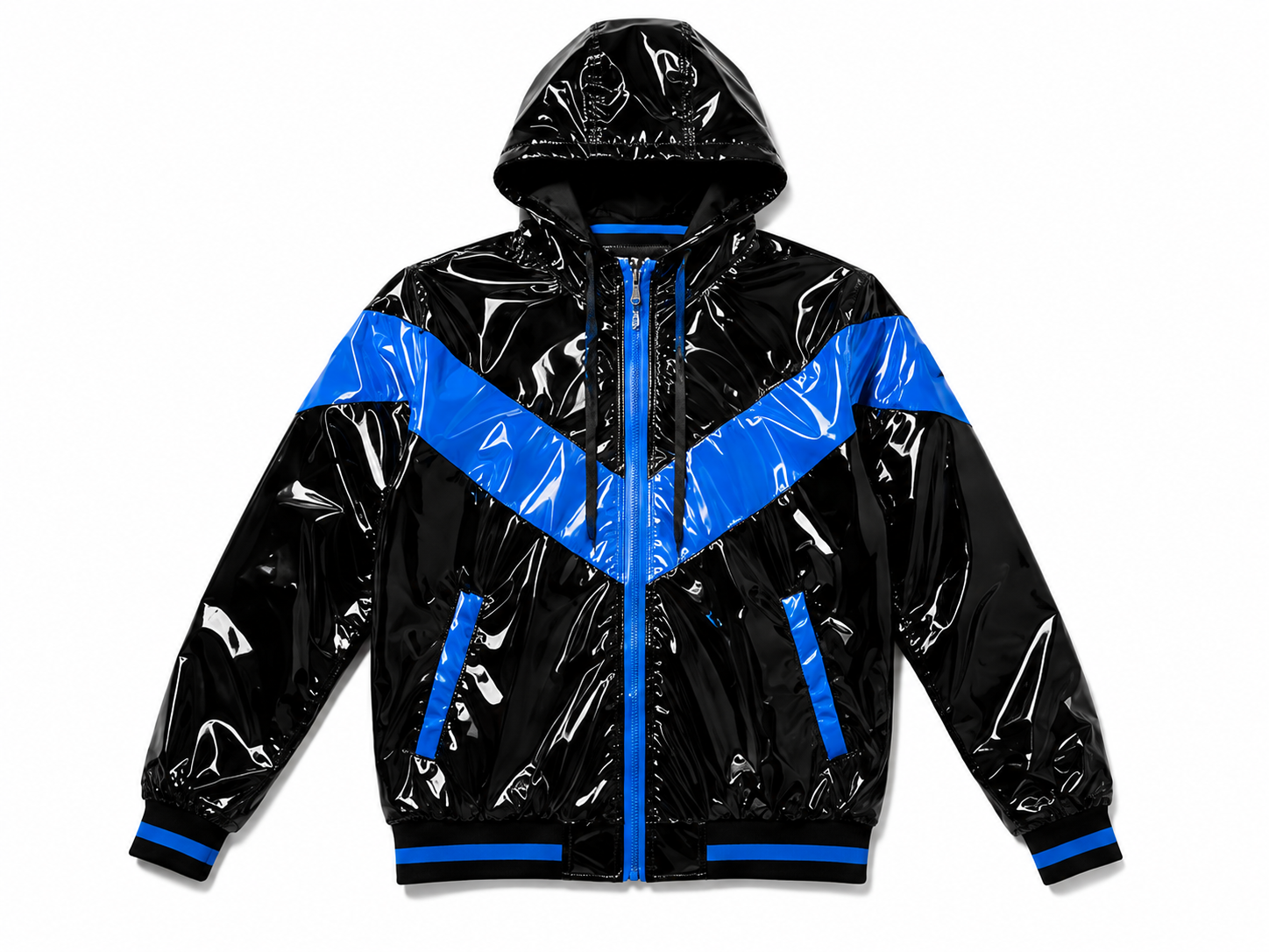 Chevron Panel Glossy Nylon Hooded Jacket