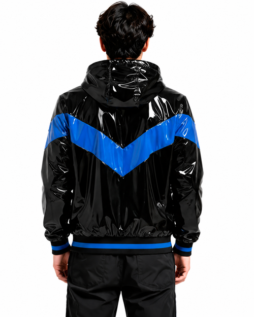 Chevron Panel Glossy Nylon Hooded Jacket