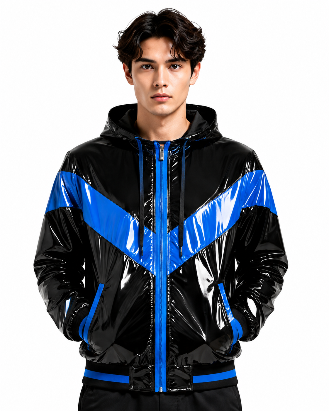 Chevron Panel Glossy Nylon Hooded Jacket