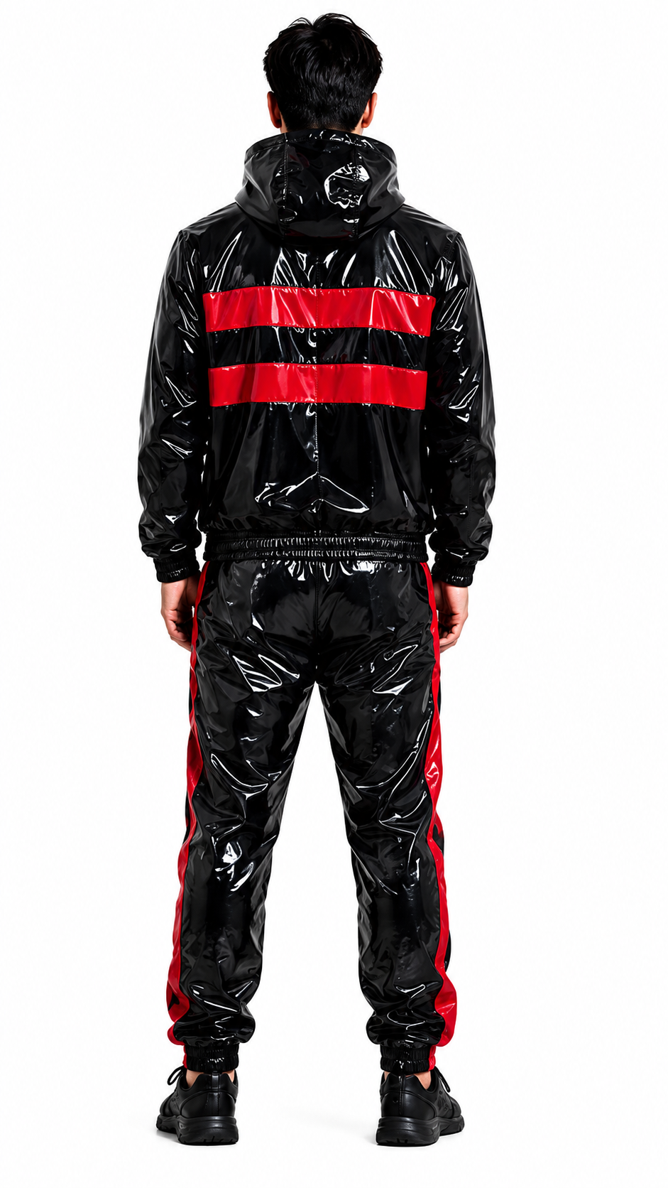 Double Stripe Glossy Nylon Hooded Tracksuit Set