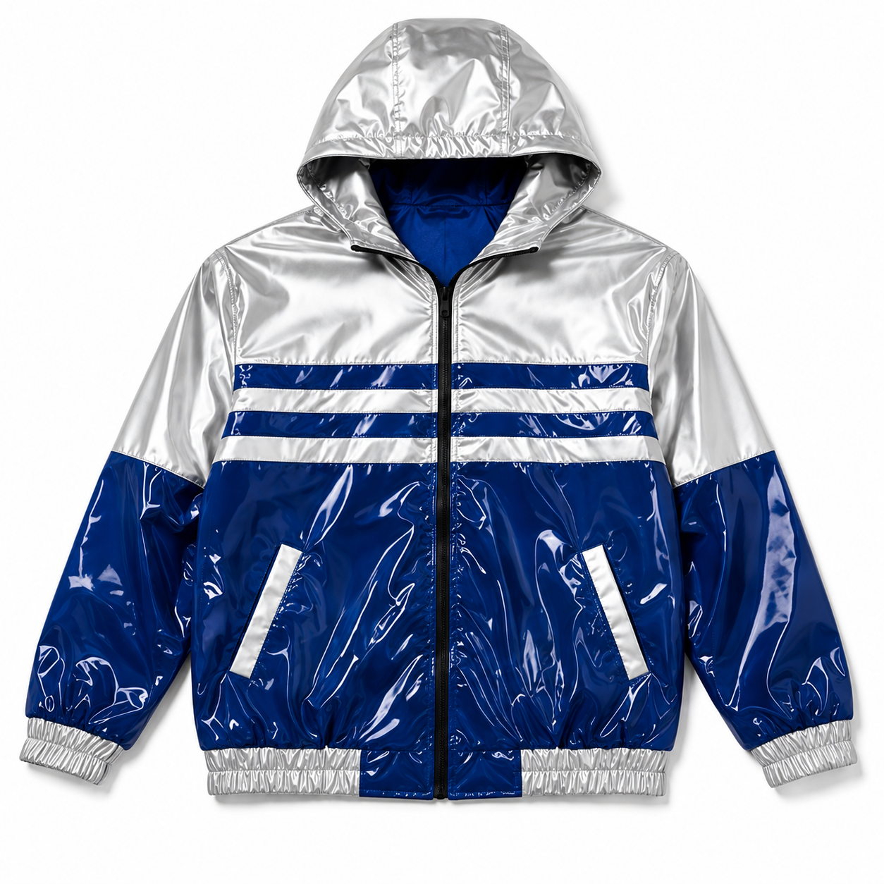 Double Stripe Glossy Nylon Hooded Windbreaker Jacket