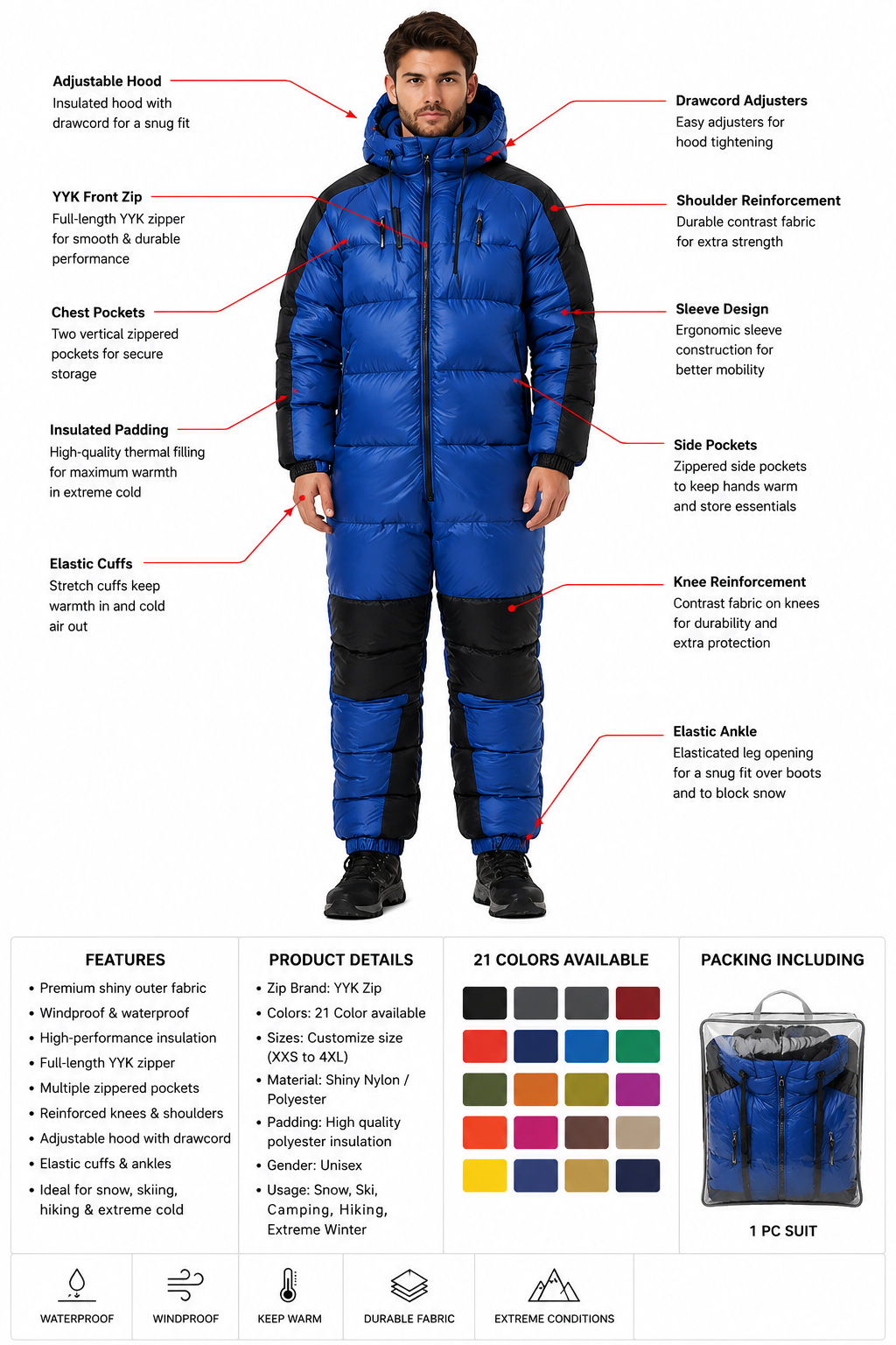 Blue Puffer Hooded Insulated Winter Jumpsuit