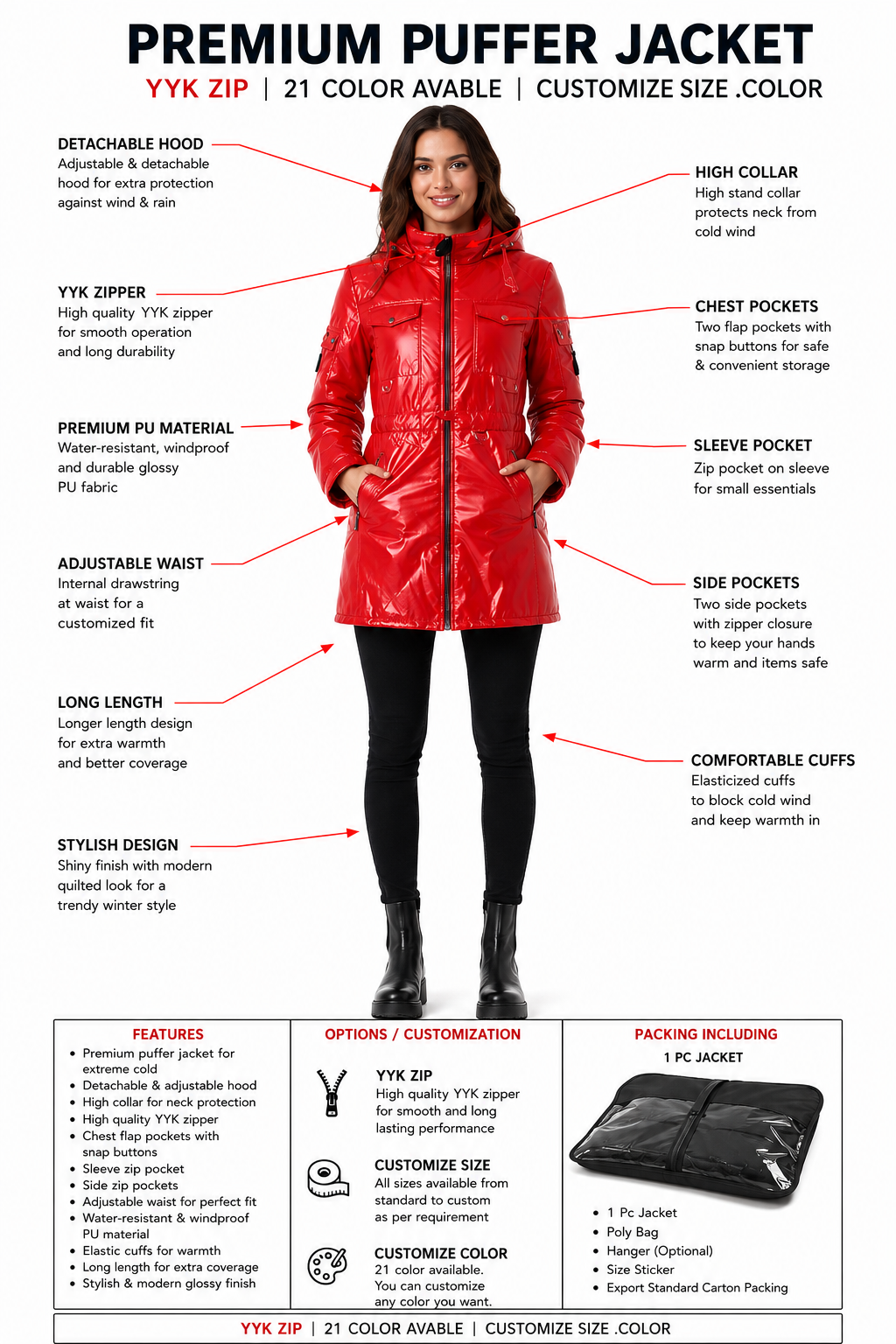 Women's Red Glossy Hooded Rain Jacket