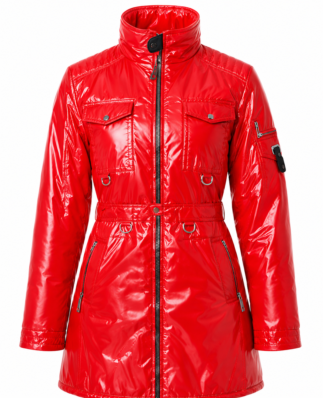 Women's Red Glossy Hooded Rain Jacket