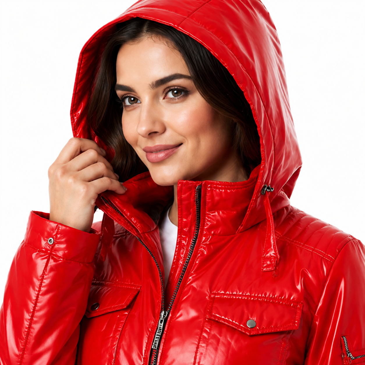 Women's Red Glossy Hooded Rain Jacket