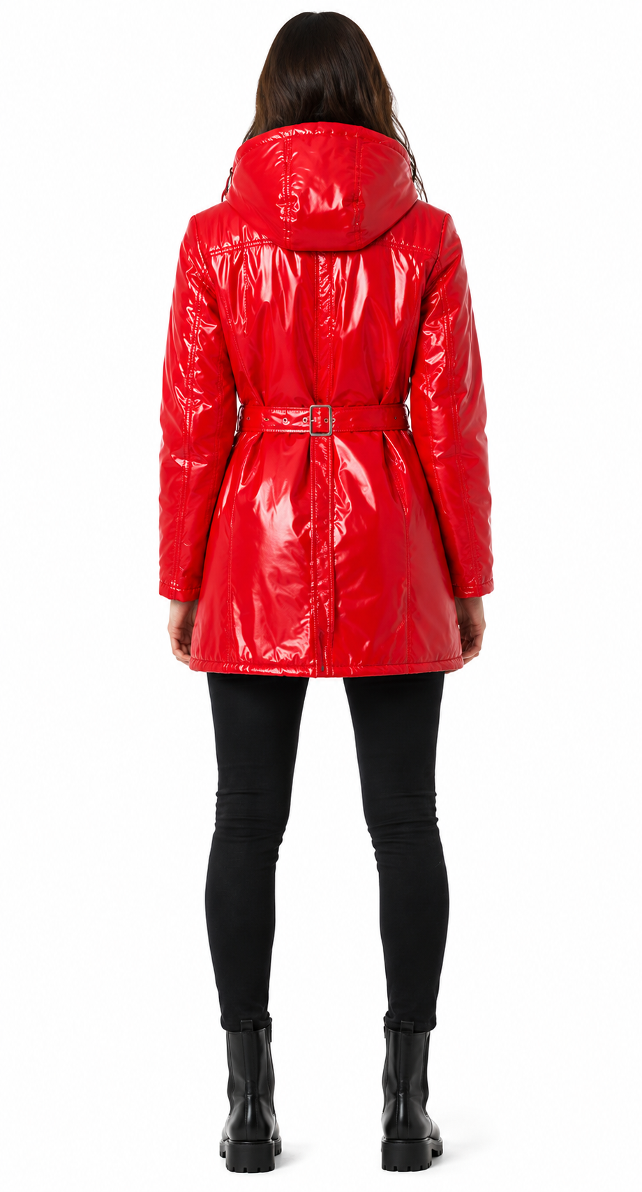 Women's Red Glossy Hooded Rain Jacket